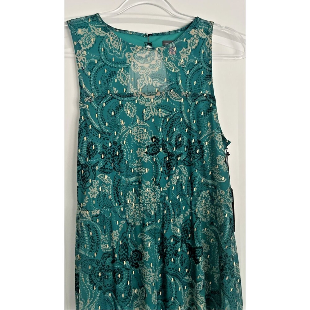 Vince Camuto Women's Printed Metallic Pock Neck Maxi Dress Cool Lapis Green S - Picture 4 of 10